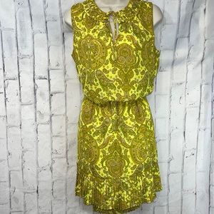 Banana Republic Dress Chartreuse Retro Paisley Sleeveless Tie Neck Pleated Hem